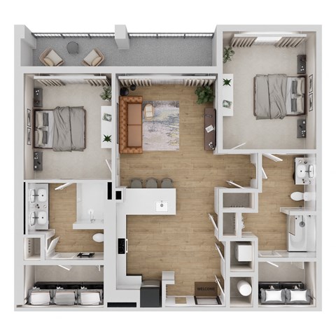 Floor plan for 2 beds, 2 baths, 1107 sqft